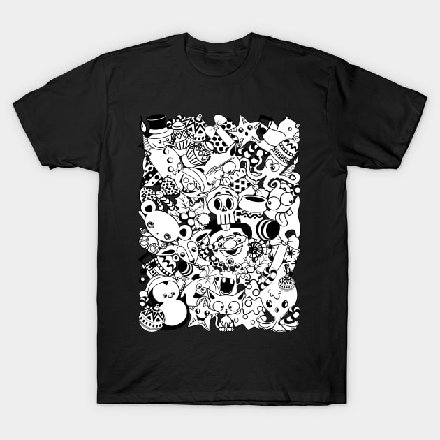 Christmas Doodles Funny and Cute Black and White Characters T-Shirt by BluedarkArt